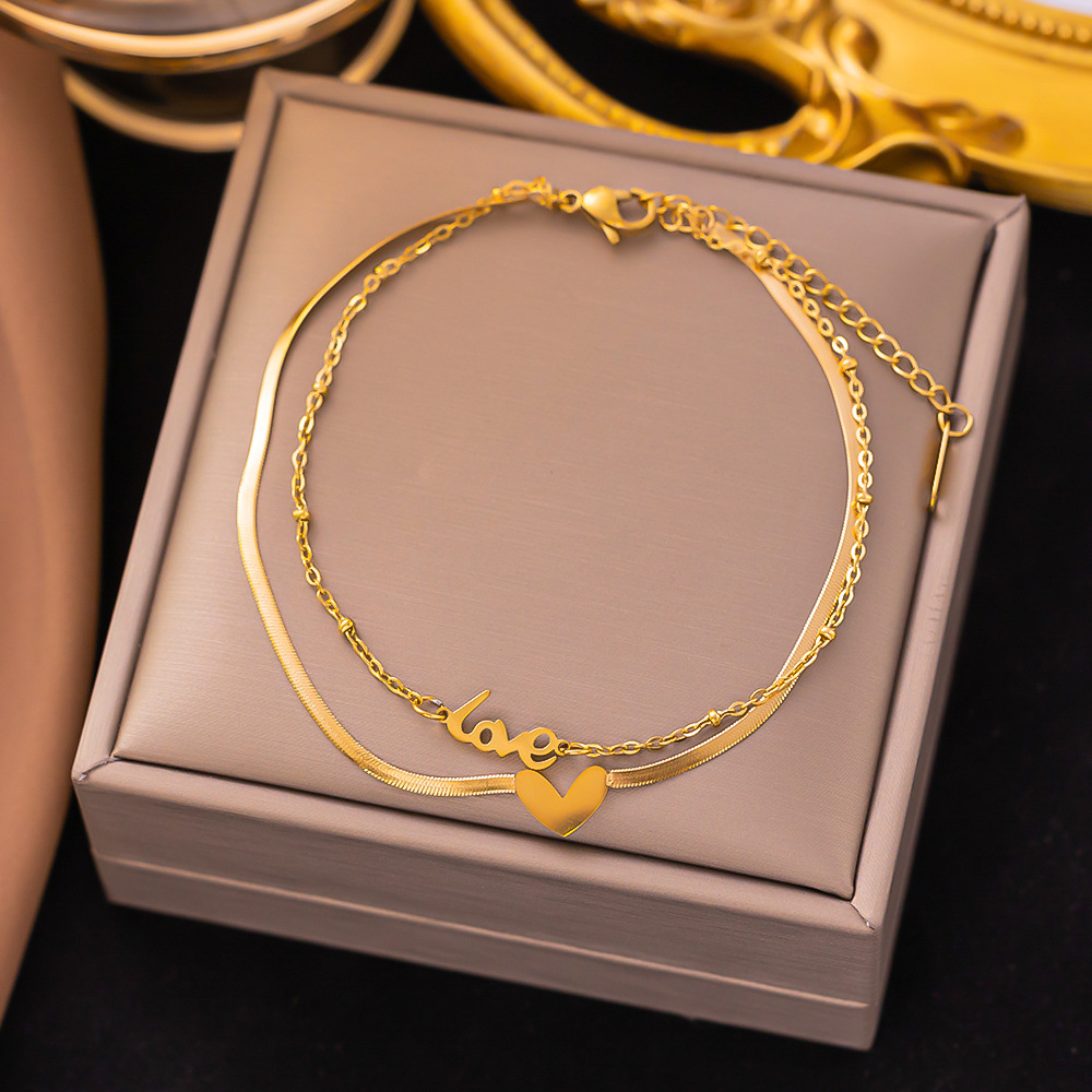 European and American Cross-border Korean-style Double-layer Letter love love Anklet Women's Titanium Steel Not Fading Niche Fashion All-match