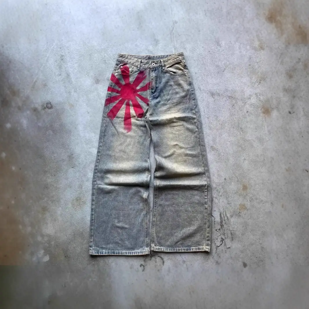 American retro models washed old niche design sense printing high street vibe wide-legged dragging denim pants man