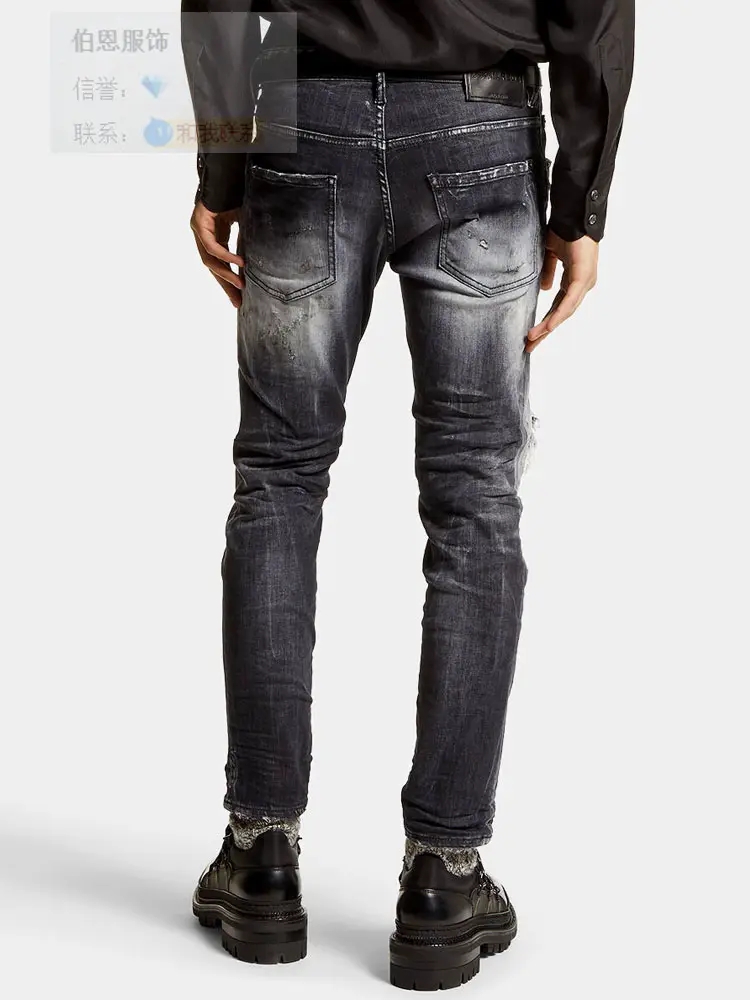New All Year Round D2 Denim Men's Washed Black Hot Drill Hole Patch pants Dsq2 Heavy Craft Designer