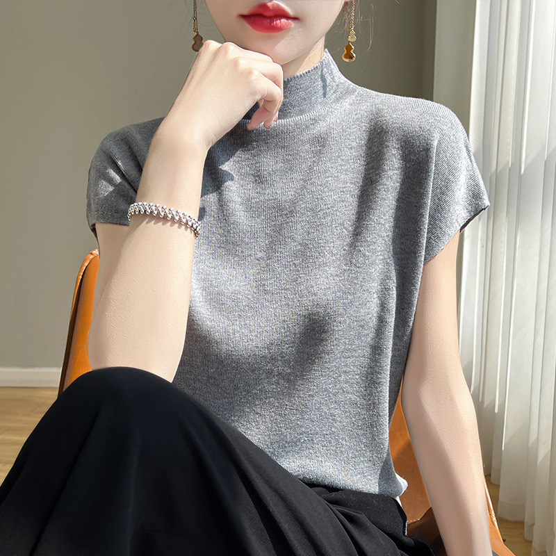 Half-high Collar Black Wool Knitted Short-sleeved T-shirt Women's Summer New Loose Slimming Short Top Thin T-shirt