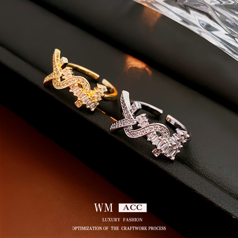 Fashionable Zircon Letter Open Ring Women's Niche Versatile Index Finger Ring Accessible Luxury High-End Hand Jewelry Factory Home