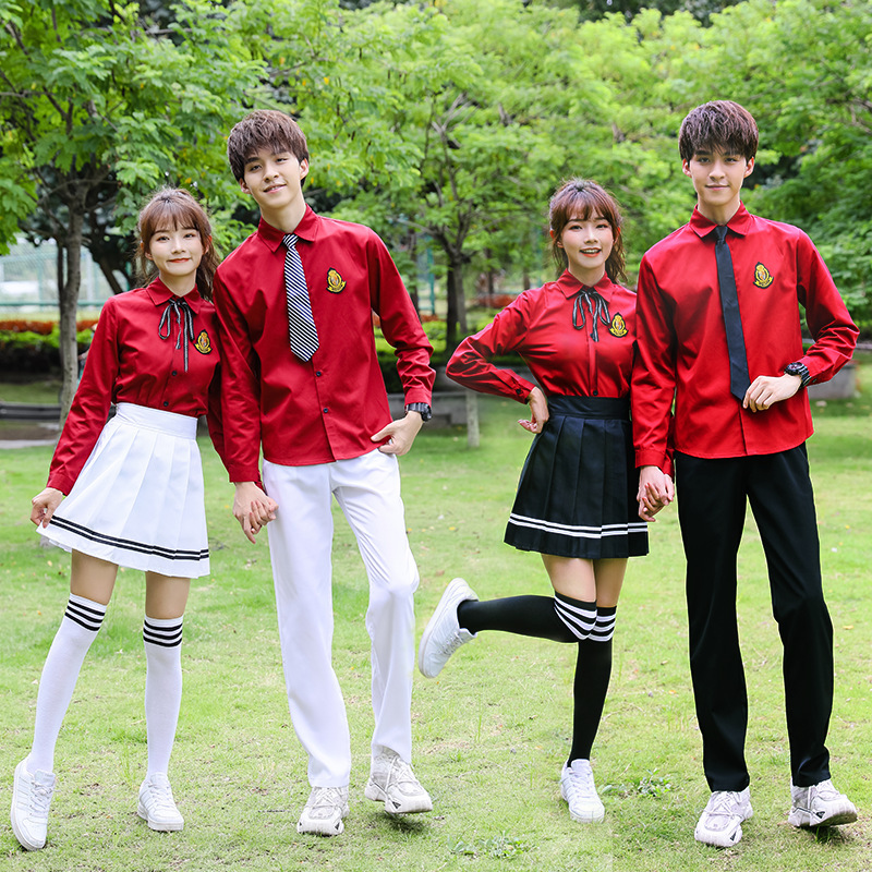 Middle School Uniform Graduation Class Uniform Set Red Shirt Pleated Skirt Choir Fashion Performance Outfit Korean Style
