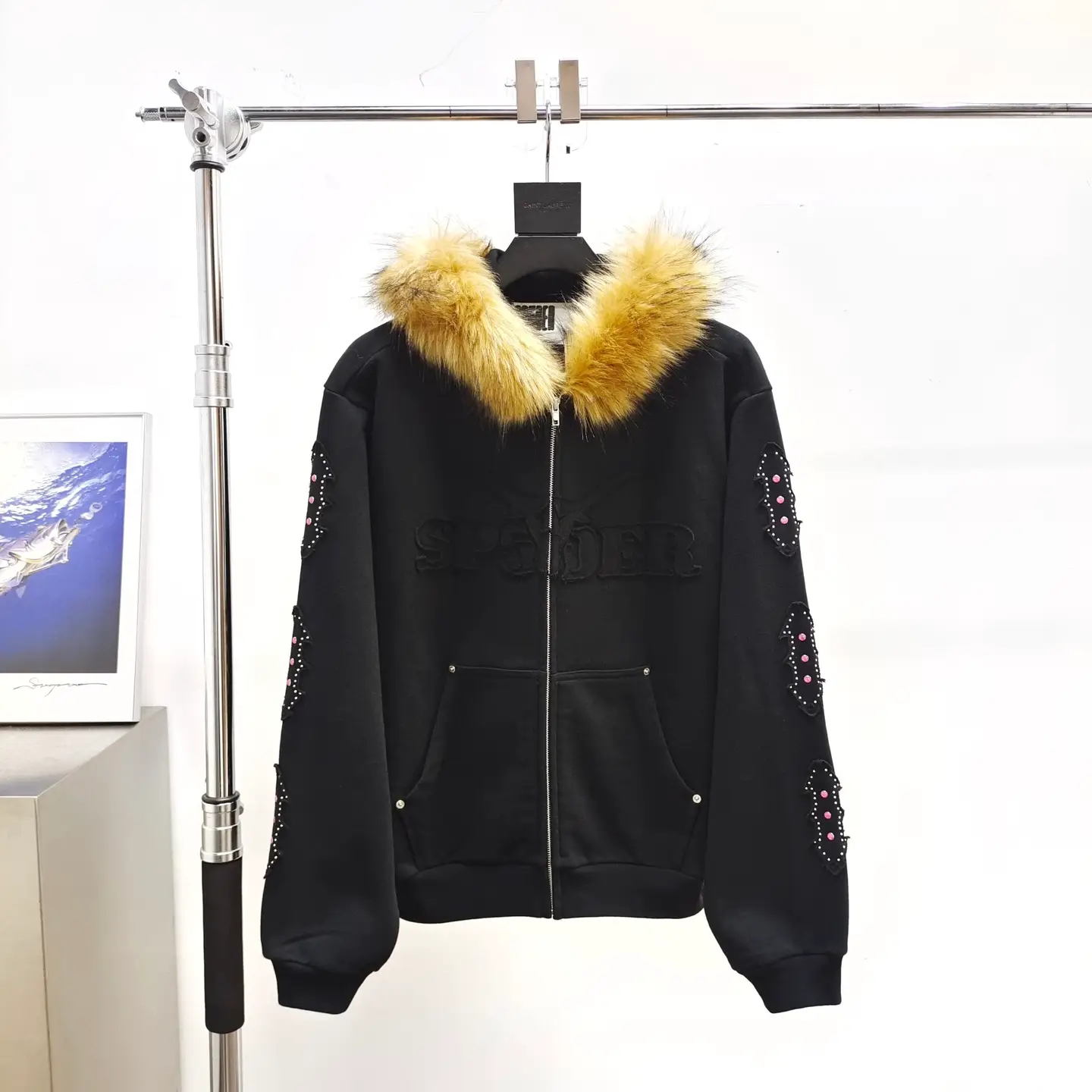 Sp5Der Black Fur Collar Zip-Up Sweatshirt Hoodie