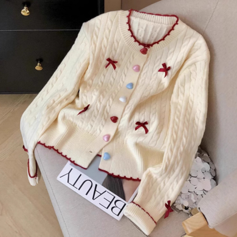 Kaning Gentle Style Twist Pattern Color-Blocking Bow Knit Cardigan 2026 Autumn New Design Sweater Outerwear