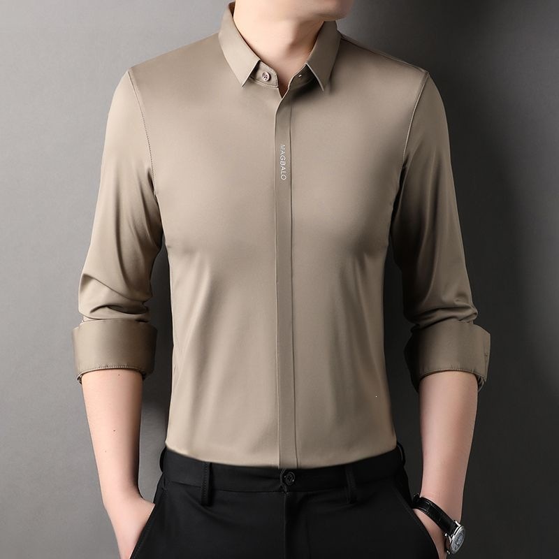 Men's Long-Sleeve Button-Down Shirt, New Spring/Autumn Business Casual Style, Solid Color, Wrinkle-Free, Stretchy, Seamless White Shirt
