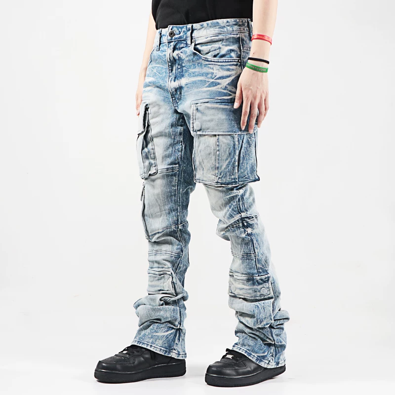 American street hip-hop heavyweight washed stacked multiple bags heavyweight high street hip-hop youth retro trumpet jeans