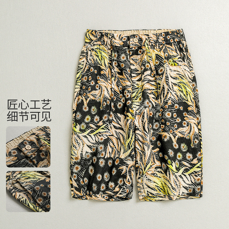 Men's beach pants five sports Home casual shorts cotton and linen printed loose pants men manufacturers wholesale 129
