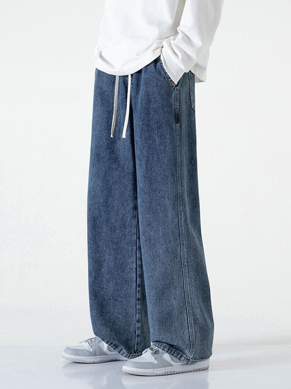 Mingge | 2026 Spring/Summer New Elastic Waist Jeans for Men, Hong Kong Style Trendy Loose Wide-Leg Straight Long Pants
