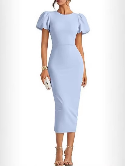 2026 European and American Cross-Border New Style Puff Sleeve Slim Fit Bodycon Dress, Solid Color, Elegant and Stylish Midi Dress