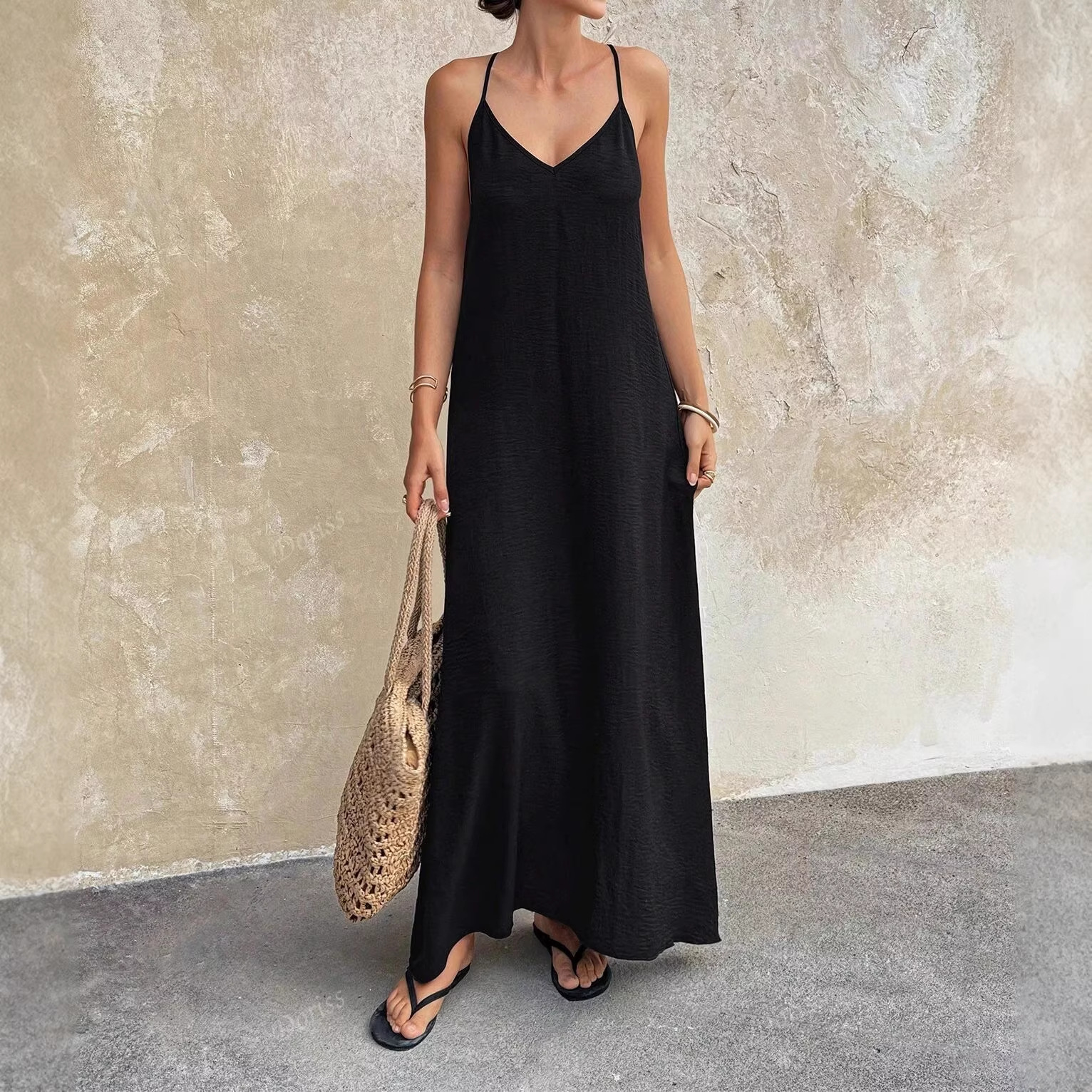 Amazon 2026 European and American Women's Summer New Cross-Border Solid Color Loose Mid-Length Beach Vacation Dress