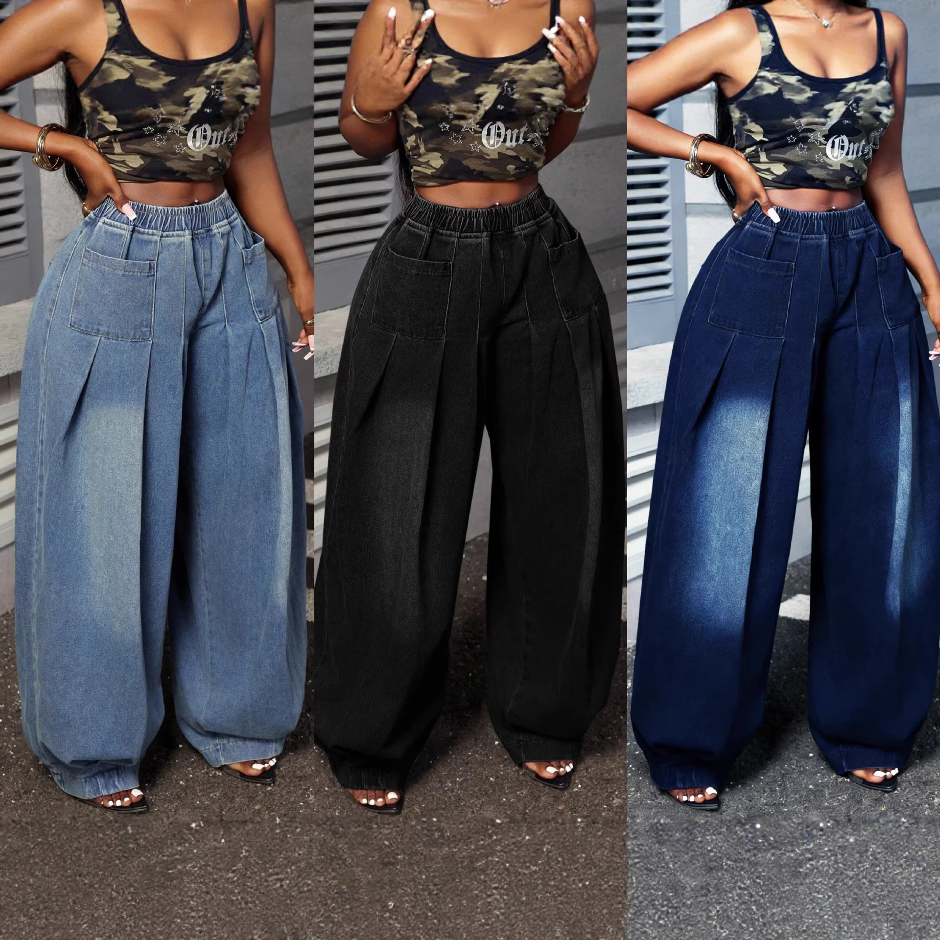 2026 European and American Plus-Size Vintage Washed Blue Pleated Wide-Leg Pants with Elastic High Waist Lantern Jeans Cross-Border Jeans