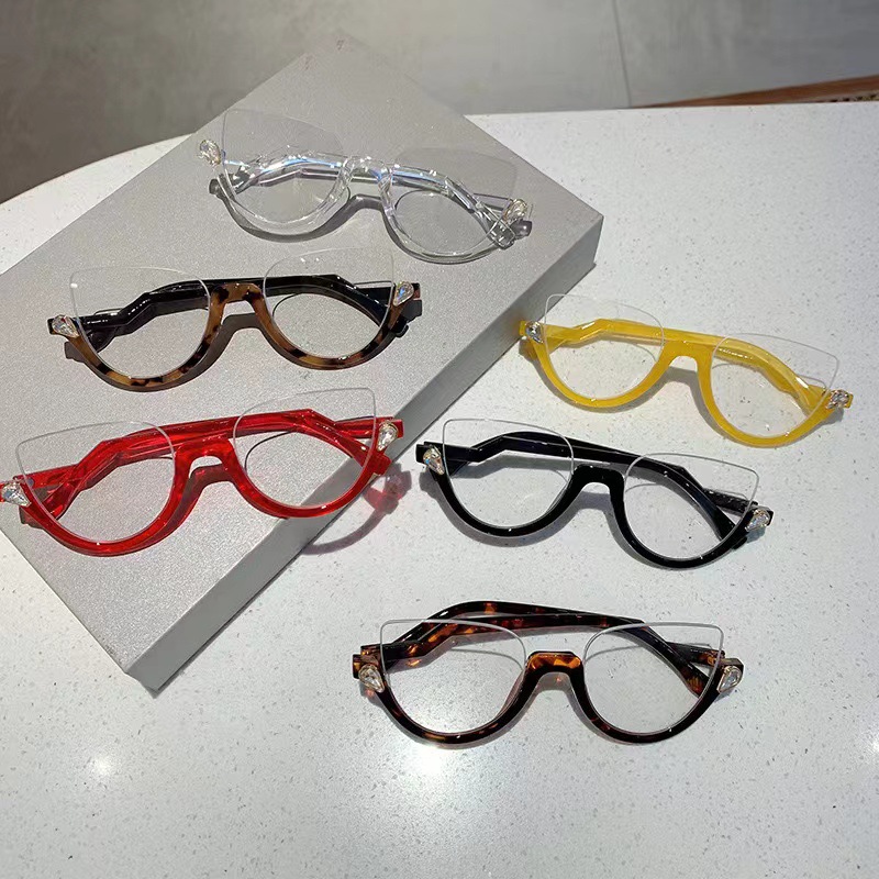 European and American Half-frame Diamond-encrusted Retro Flat Glasses 2024 New Cat's Eye Fashionable Anti-blue Glasses Ins Style Glasses