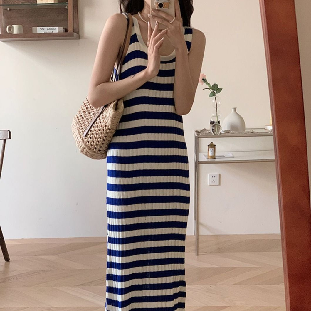 Blue Stripesd Dress Women's Seaside Resort Style Loose Vest Knitted Beach Skirt Lazy Style Casual Long Skirt