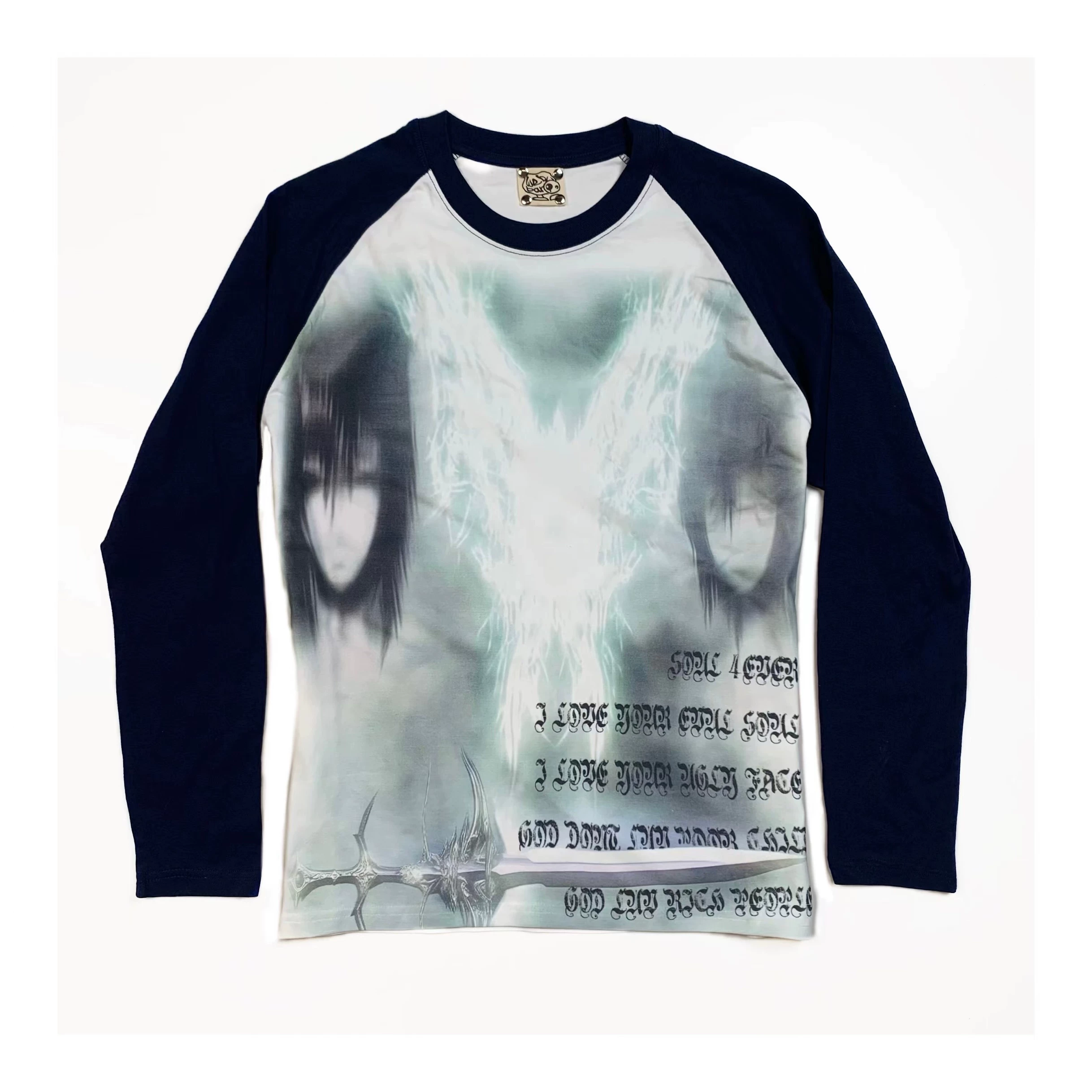 Gothic glowing wings with shoulder and color blocked pure cotton long sleeved T-shirt for casual autumn wear