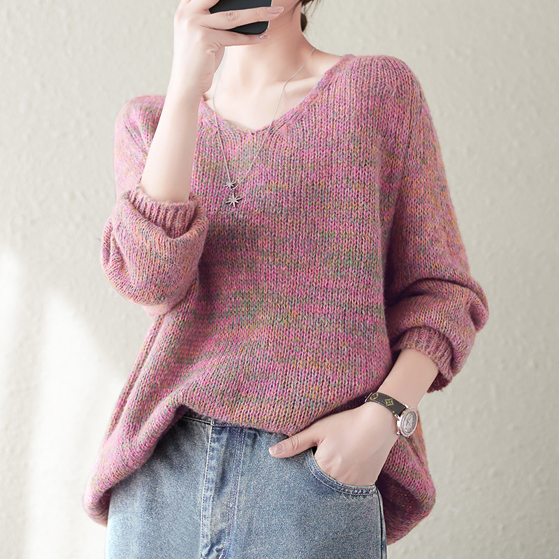 Japanese Fashion Gradient Color Mohair Sweater Women 2025 Autumn and Winter New Loose V-Neck Slim Knit Top