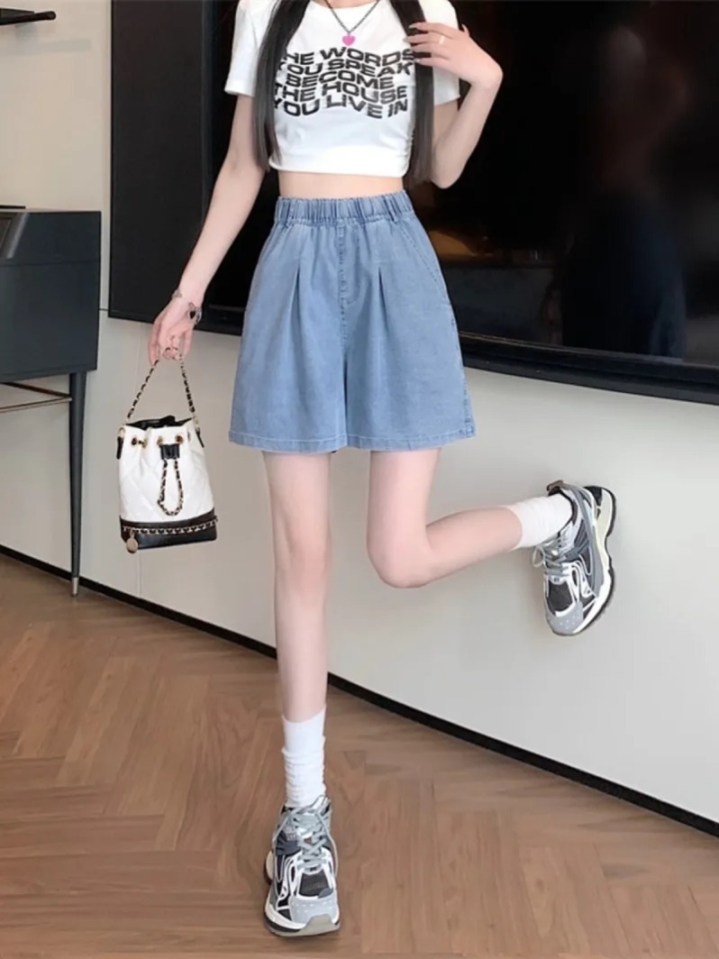 Light-Colored Tencel Denim Shorts for Women, Summer Thin Style, Plus Size, High-Waisted, Loose, Slimming, A-Line Wide-Leg Mid-Length Shorts, Ins Style