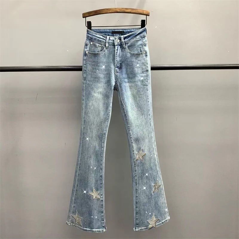 2024 Autumn and Winter New Five-pointed Star Embroidery Hot Drilling Micro-jeans Women's Elastic High Waist Slimming Trendy Trumpet Trousers