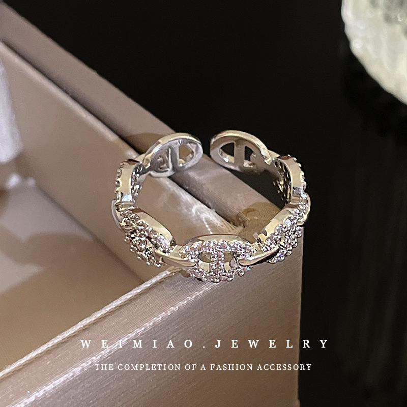 Zircon Chain Pig Nose Open Ring Korean Ins Fashion Niche Design Index Finger Ring Accessible Luxury Elegant Hand Jewelry