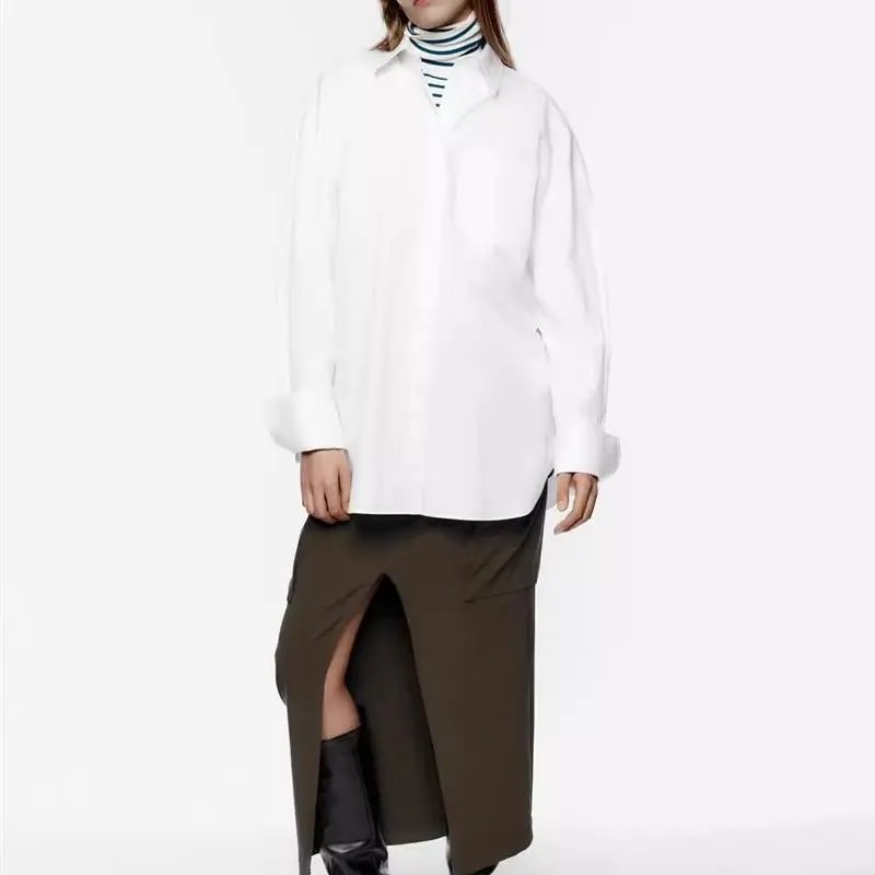 White lapel, loose-fit long-sleeve shirt, pure cotton white blouse