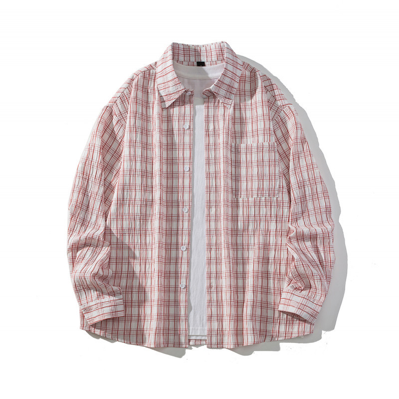 2026 Spring and Autumn New Men's Textured Plaid Long-Sleeve Shirt Couple Style Trendy Casual Loose Shirt for Men