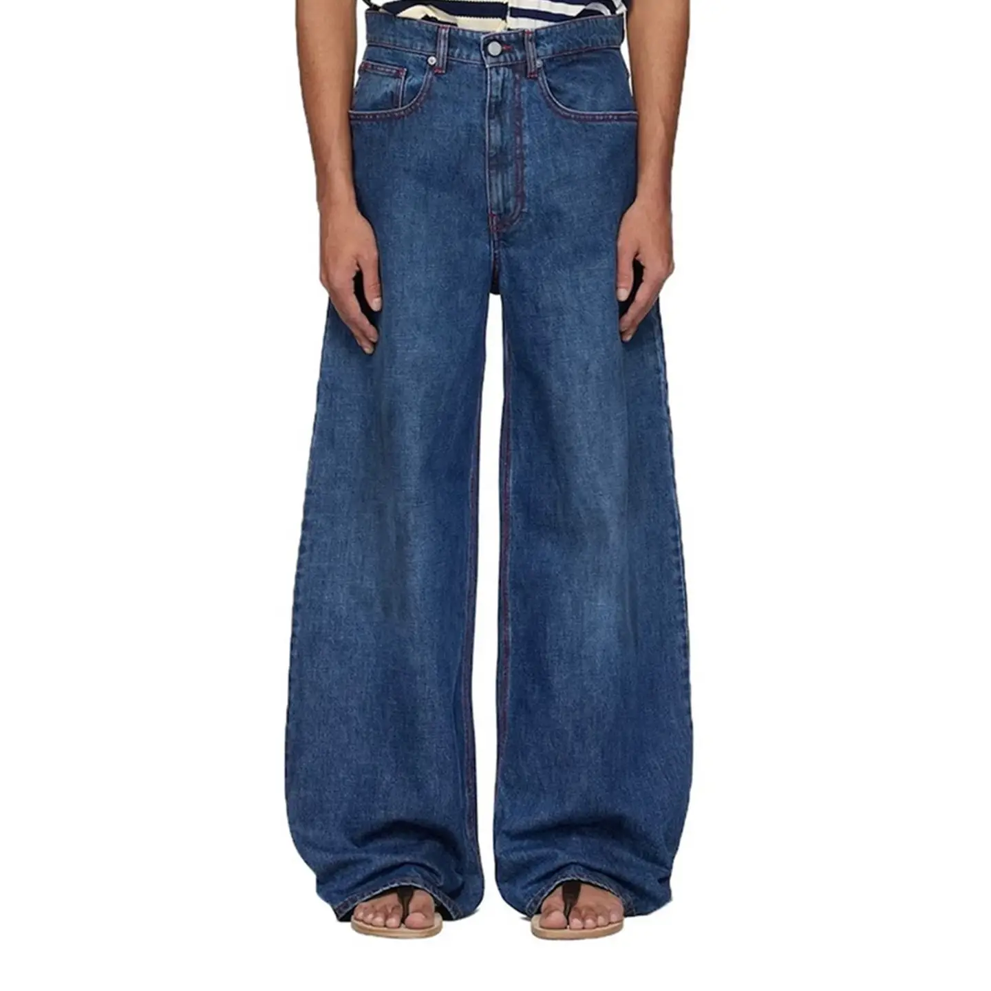 Ro Style Dark Washed Blue Contrast-Stitched Baggy Jeans Unisex Wide-Leg Multi-Size Neutral Faded Long Pants