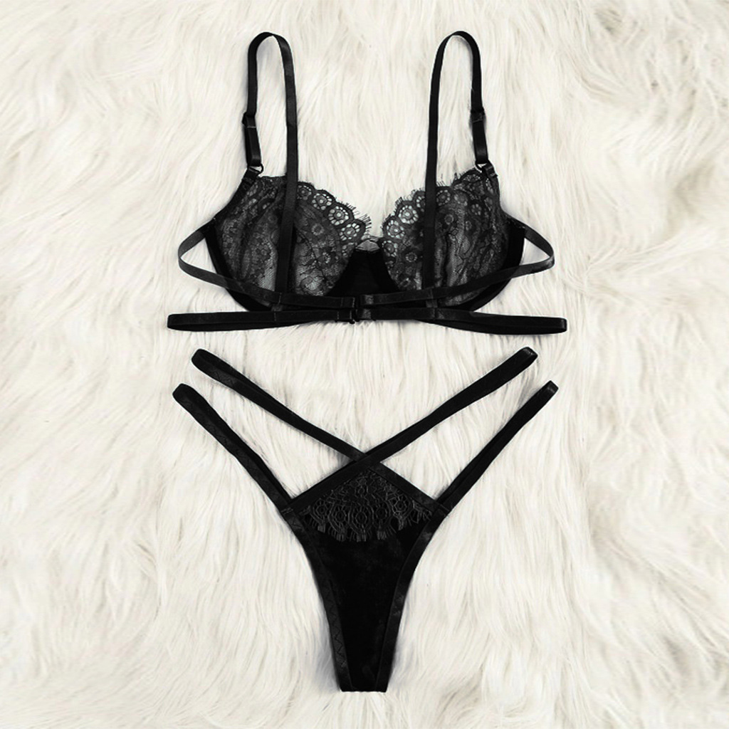 Cross-Border Products European and American Foreign Trade Sexy Lingerie Sexy Black Hollow-Out Women's Three-Point Bikini Set