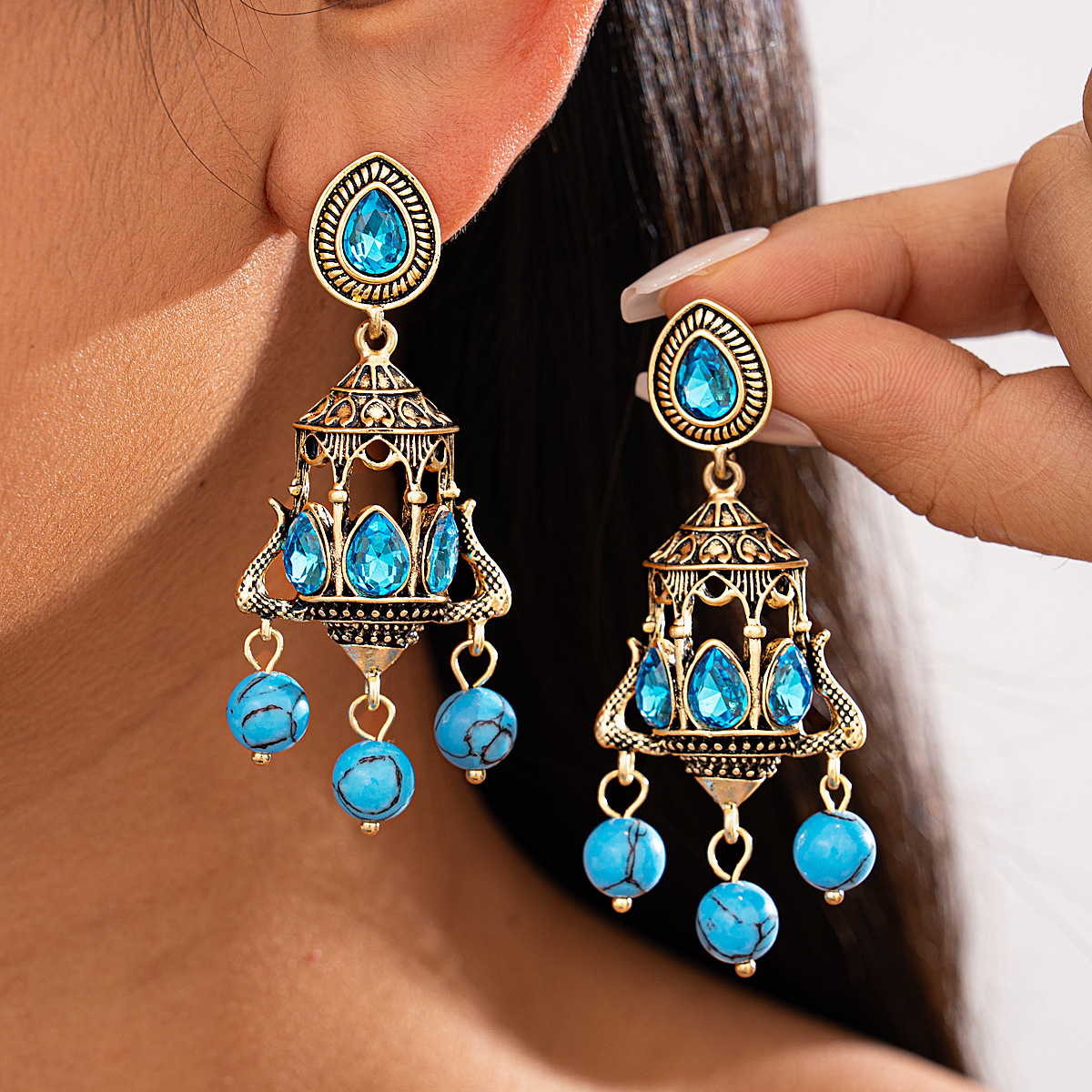 European and American Zircon Stone Chandelier-Style Round Tassel Silver Needle Earrings, Palace-Style Vintage Exquisite Light Luxury High-End Earrings