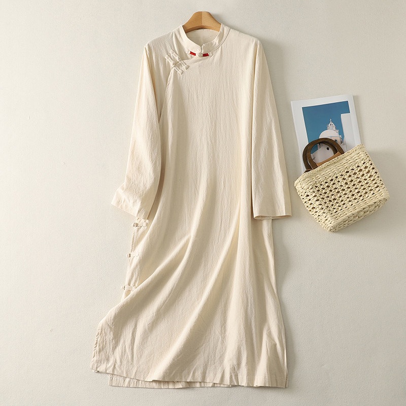Chinese-Style Buttoned Solid Color Cotton-Linen Shirt for Women, Spring Long-Length Zen-Inspired Tea Dress with Stand Collar and Long Sleeves, Qipao Dress Top
