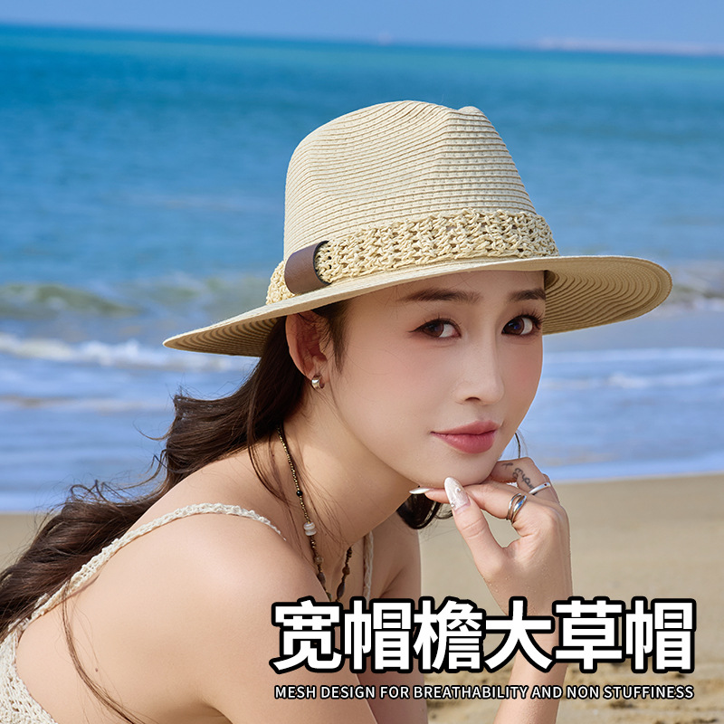 2025 Summer Beach Vacation Women's Straw Hat Panama Leather Buckle Casual Sunshade Sunscreen Retro Jazz Hat