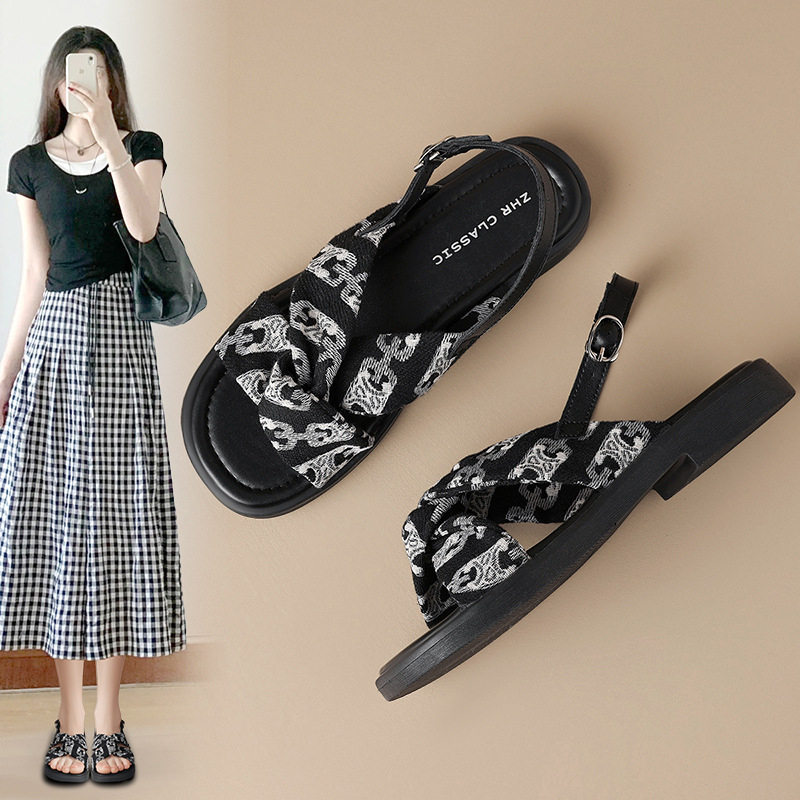 ZHR cross belt buckle sandals women's 2024 new beach small fragrant style sandals new Chinese retro
