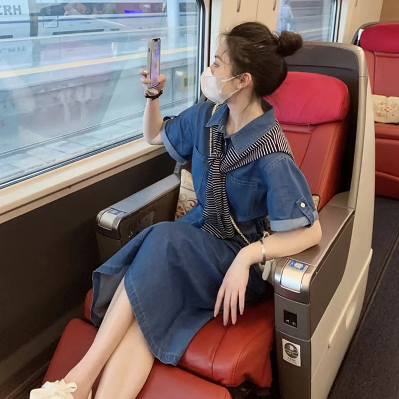 French retro waist shawl denim dress women's summer niche design thin short sleeve long skirt