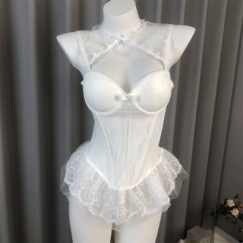 Sexy Retro Nightgown with Lace, Mesh, Ruffles, Waist-Cinching Dress, Strapless Camisole Sleepwear, Erotic Outfit