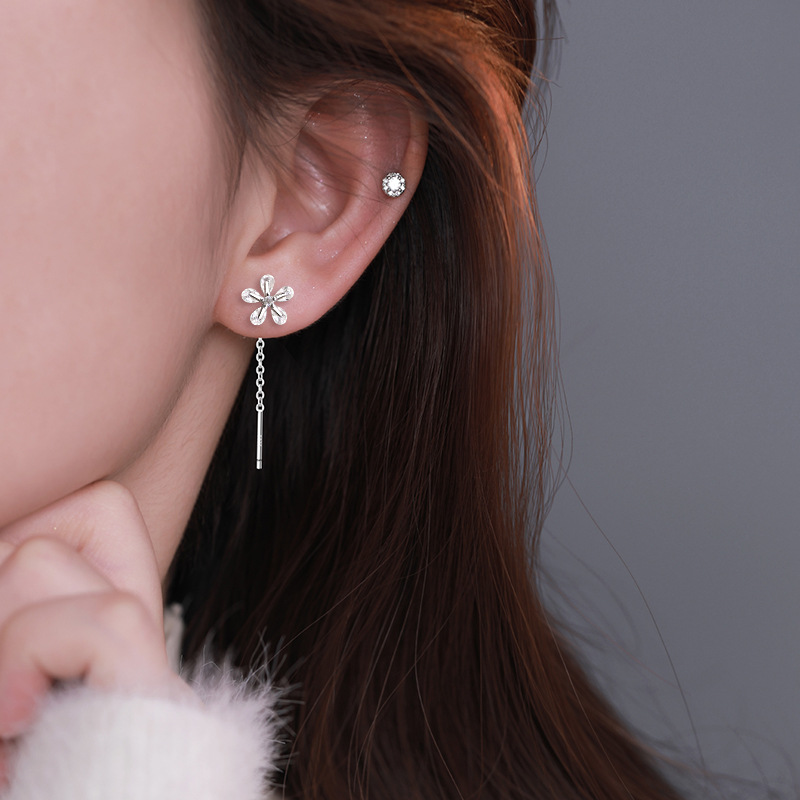 Flower Zircon Ear Thread Earrings, Rich and Sweet Style, Crystal Sparkling Diamond Cherry Blossom Ear Chain, Long Tassel Five-Petal Flower Earrings