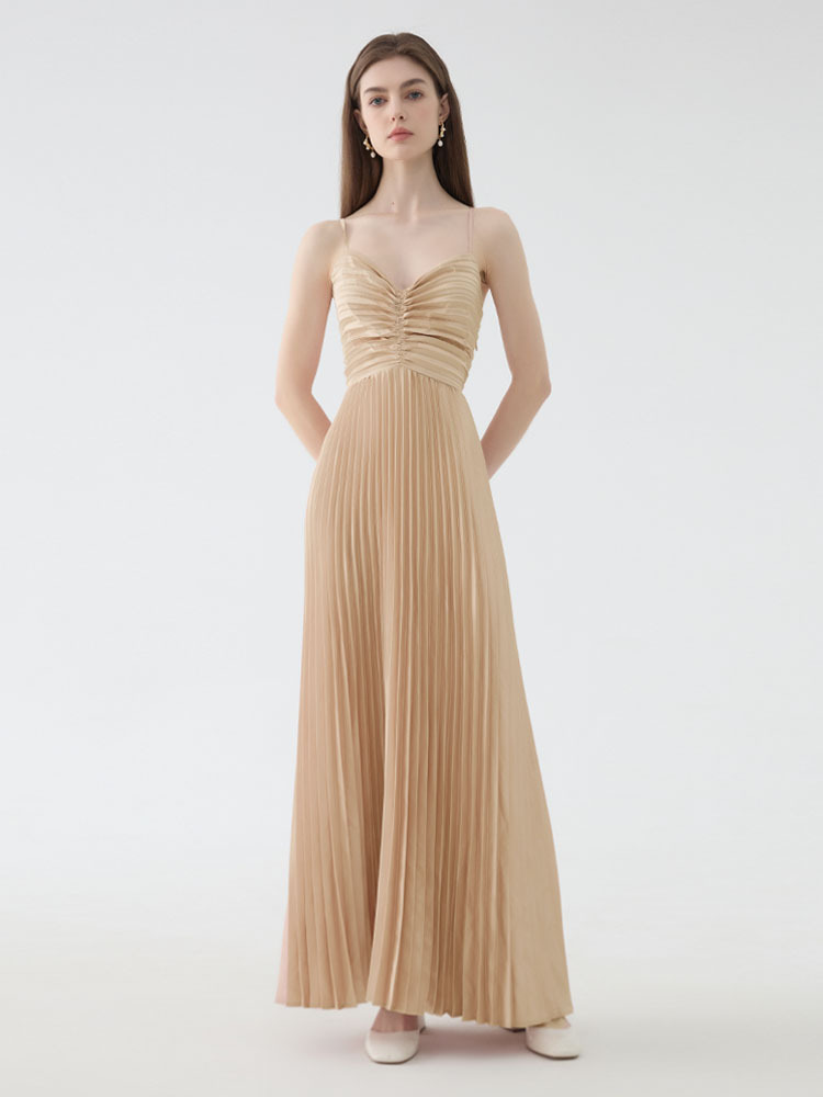 French-Style Backless Elegant Evening Dress with Straps for Women, 2026 Summer Light Luxury Niche Party Ruched Dress