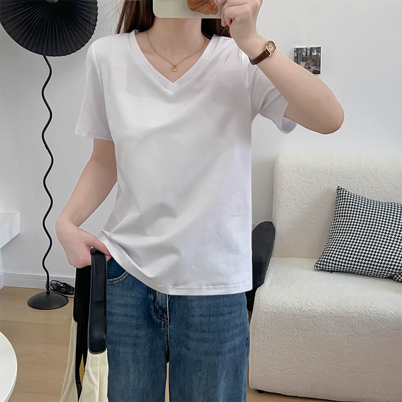New Right Shoulder V-Neck Slim Short-Sleeved T-Shirt for Women 2025 Summer Inner Layering Shirt Pure Cotton Loose Bottoming Top