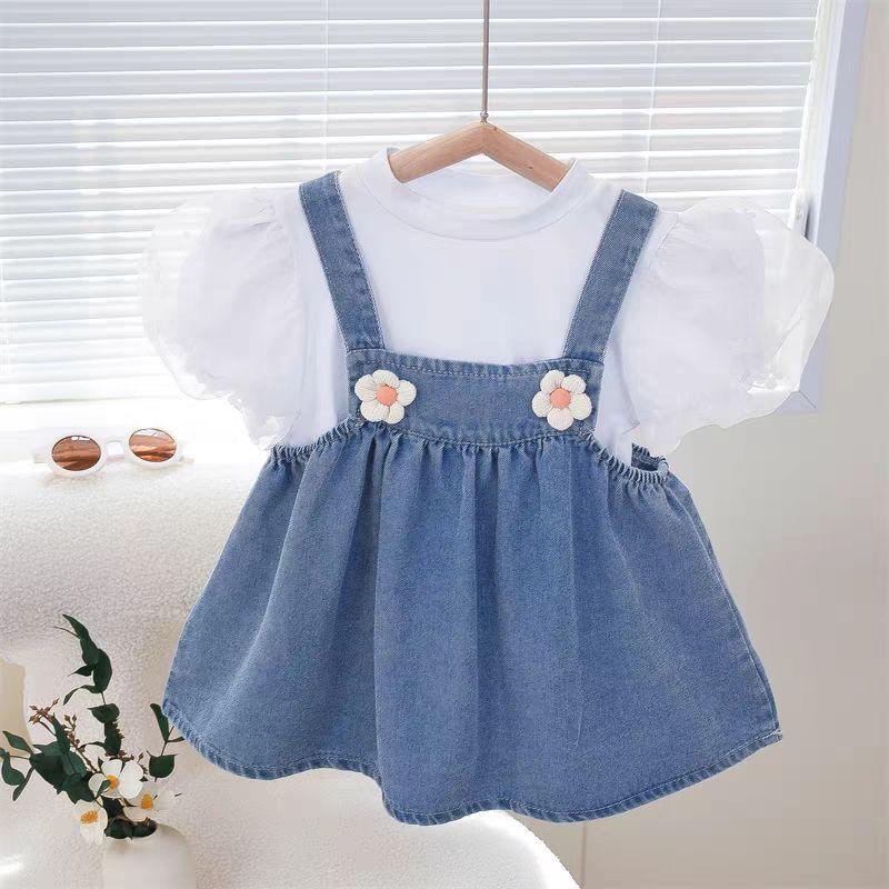 Summer Girls' Outfit Baby Stylish Children's Trendy Korean Version Puff Sleeve T-Shirt Floral Denim Suspender Dress