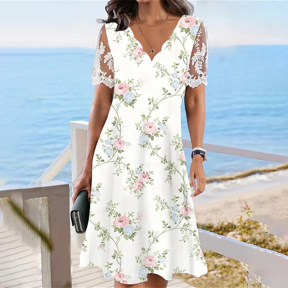 Cross-border 2023 Summer new ebay independent station European and American women's printed lace V-neck short sleeve dress