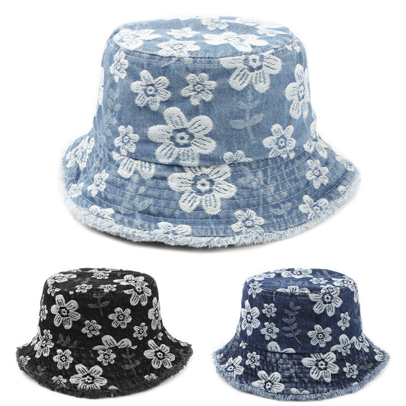 Cross-Border New Style Small Fresh Flower Embroidered Denim Fisherman Hat Korean Style Washed and Distressed Fashion Raw Edge Basin Hat for Women