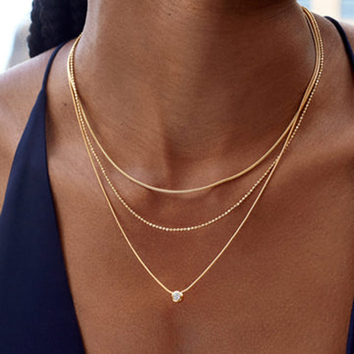 Yiyi Cross-Border Hot-Selling Simple Zircon Three-Layer Stacked Necklace Stainless Steel Vacuum-Plated 18K Gold Versatile Necklace for Women