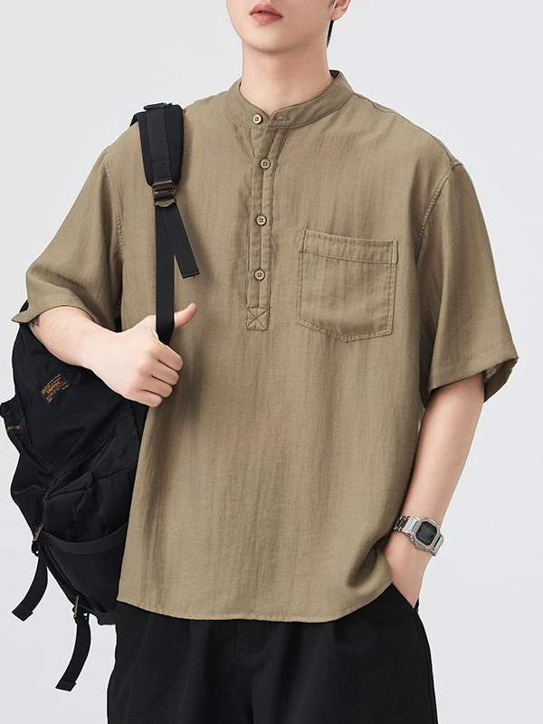 Mingge | Japanese-Style Simple Trendy Brand Cotton and Linen Short-Sleeve Shirt for Men, Loose Casual Moisture-Wicking Breathable Drop Shoulder Mid-Sleeve Shirt