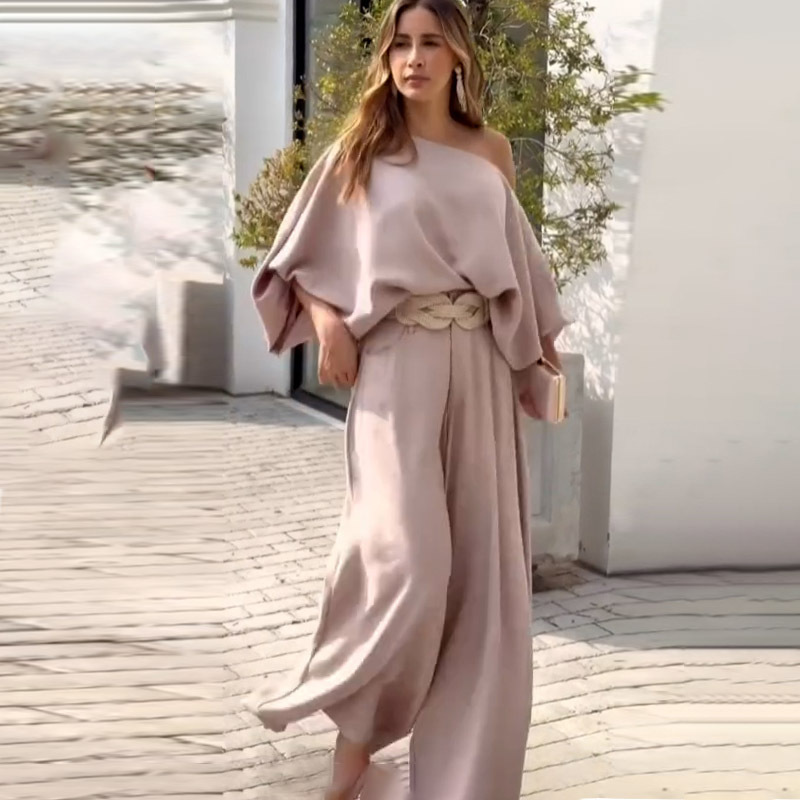 2025 Summer Amazon European and American Foreign Trade New Shoulder Lantern Sleeve Loose Top suit Wide Leg Pants Irregular