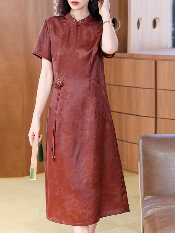 Hangzhou New Red Cloud Yarn Xiangyun Yarn dress Women's Summer Embroidery Festive National Style Cheongsam Mulberry Silk Silk Long Dress