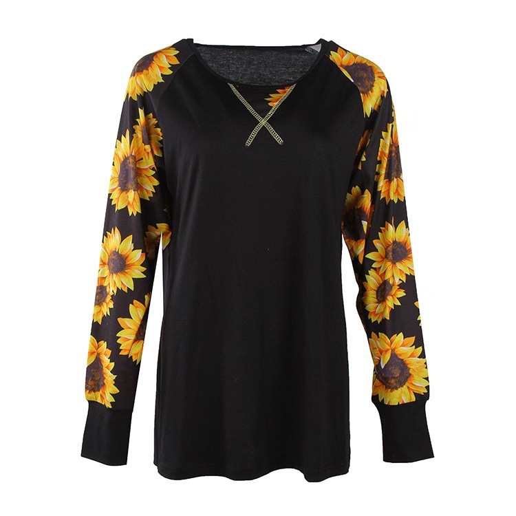 Amazon print T-shirt sunflower sleeve top leopard camouflage long sleeve 2024 spring new round neck T-shirt