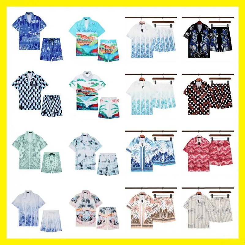Foreign Trade Wholesale Independent Station 24 New Am1Ri Short-Sleeved Printed Shirt Retro Hawaiian Shorts Couple Suit