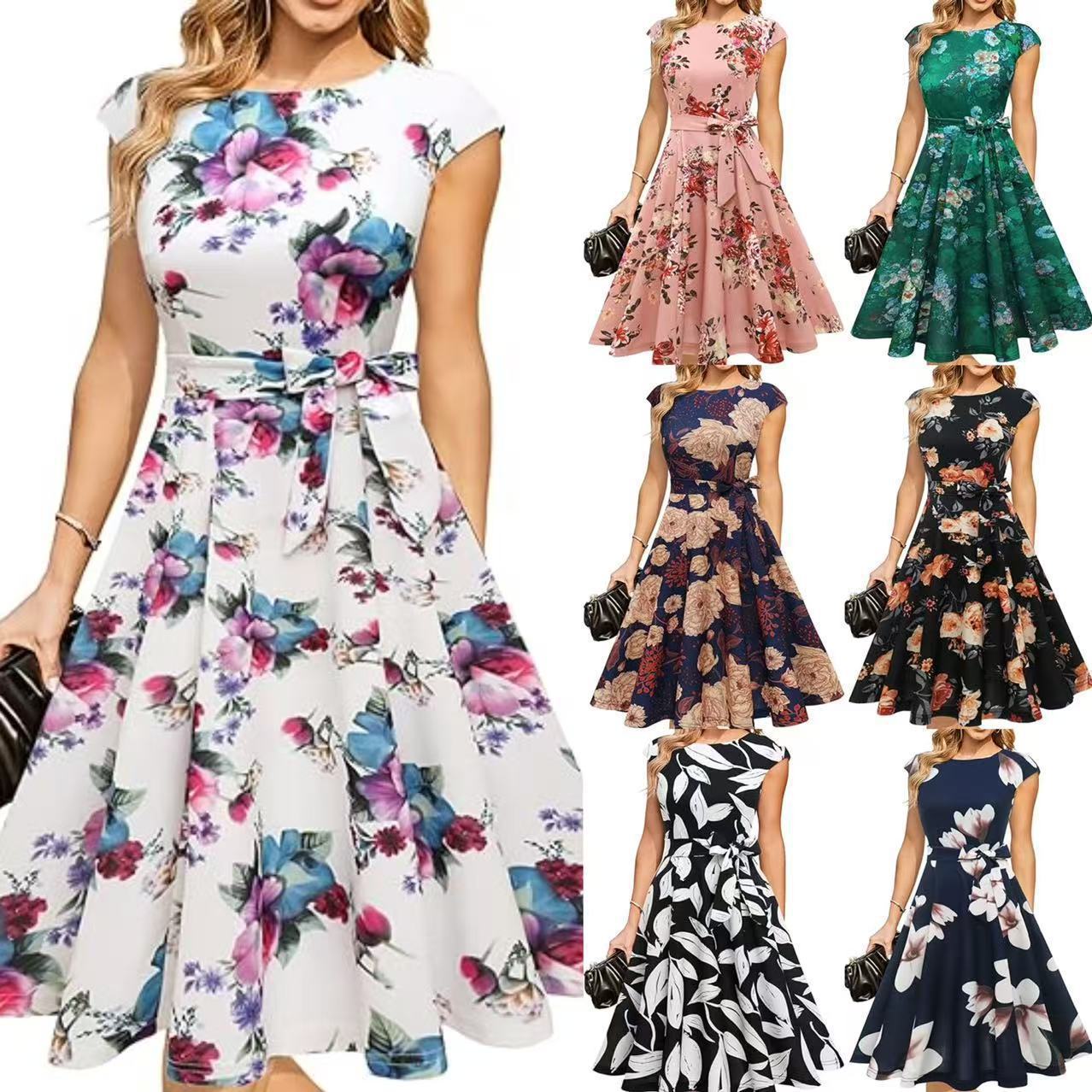 2026 Amazon Aliexpress Hot-Selling European and American Summer Round-Neck Elegant Sleeveless Tie-Waist Printed Dress