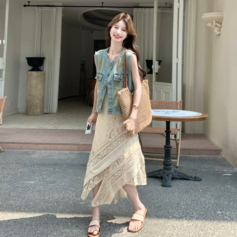 Summer Ootd Outfit with a Relaxed Holiday Vibe, Denim Vest, Irregular Lace Suspender Dress Set for Women