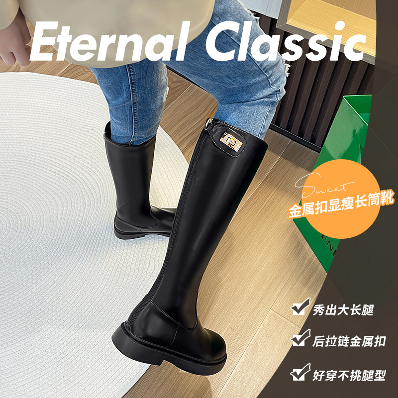 Genuine Leather boots widened and large boots chubby girl thick leg small gold buckle Knight boots plus size women's boots women's boots