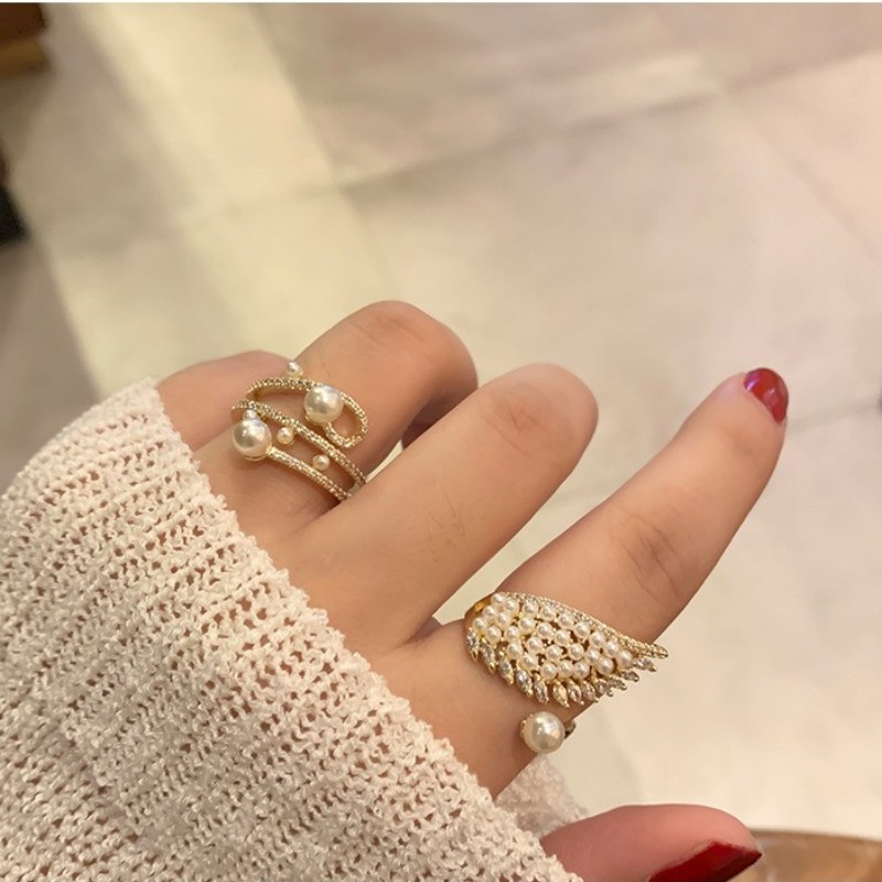 Wholesale of Multi-Layered Pearl and Zircon Rings in the Style of Xiaohongshu, European and American Light Luxury, Niche Design, Versatile Rings for Women
