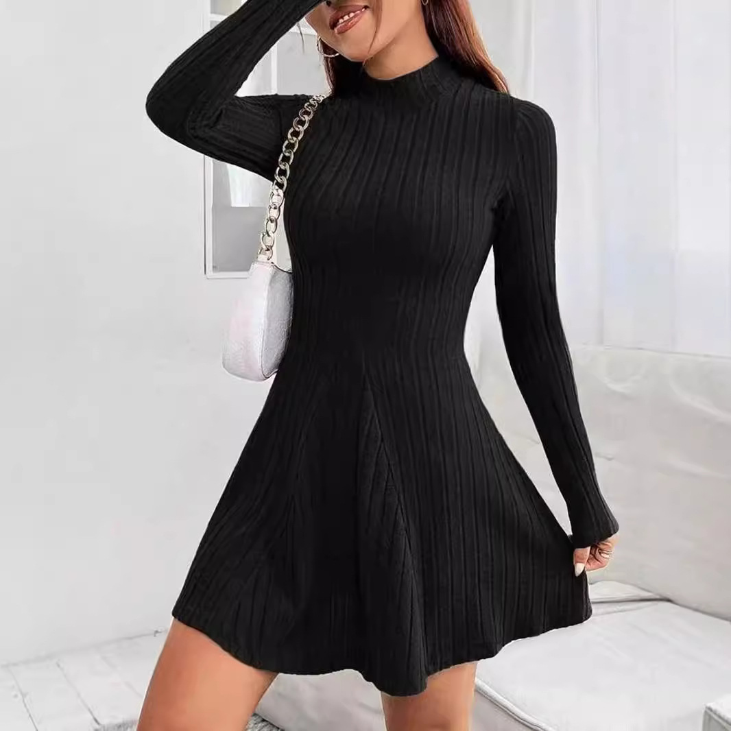 2024 autumn and winter new cross-border European and American women's clothing ins slim-fit half-high collar waist A- line skirt long sleeve pit dress