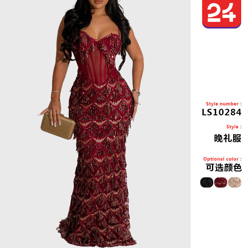 2025 New European and American Amazon Foreign Trade Sequined Party Long Dress Fashionable Suspender Hip A-Line Skirt Dress